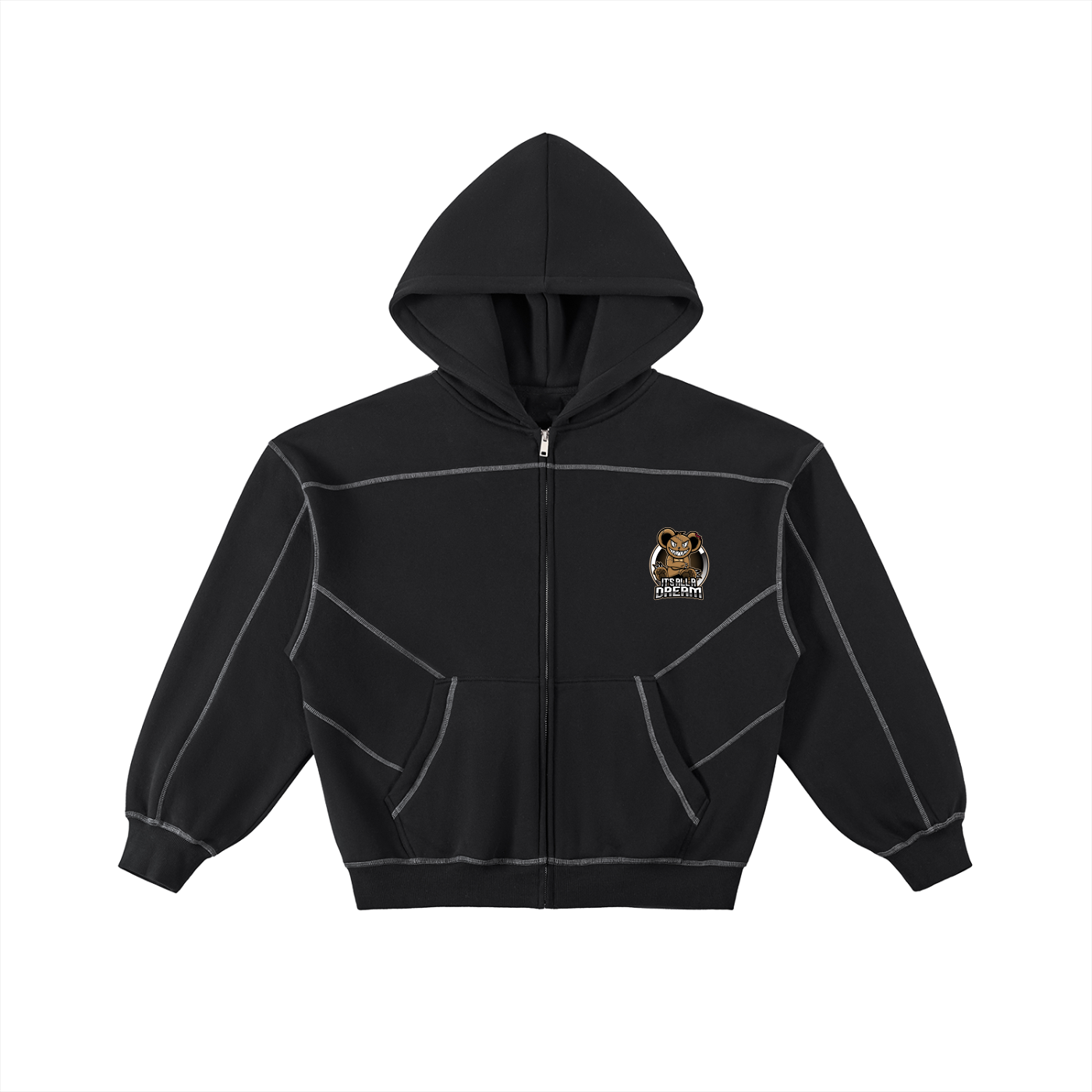 Contrast-Stitched Boxy Fleece Zip Hoodie
