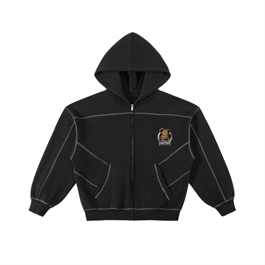 Contrast-Stitched Boxy Fleece Zip Hoodie